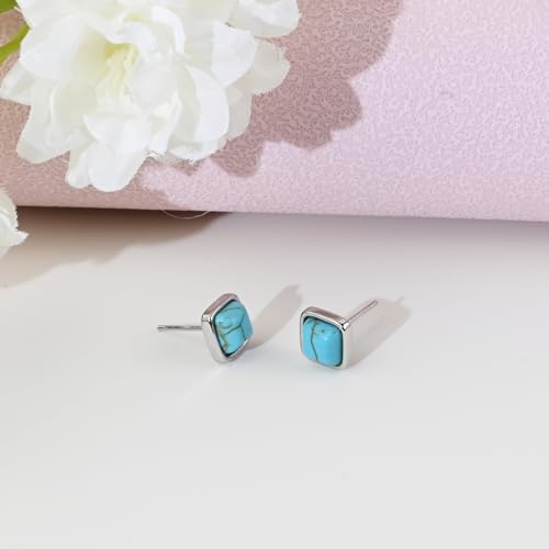 Tibetan Turquoise Earrings 925 Sterling Silver Post Stud Boho Gemstone Hypoallergenic Handmade Earrings for Women Trendy Fashion - style: Square