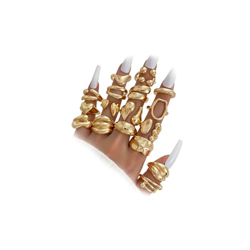 IFKM Gold Chunky Rings Set for Women 14k Gold Plated Thick Dome Stackable Open Rings Trendy Dainty Minimalist Jewelry Gifts - color: Gold, style: 17pcs Fashion