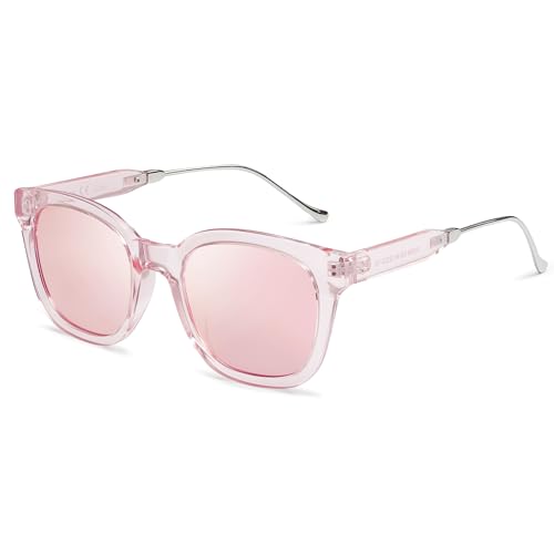 SOJOS Classic Square Polarized Sunglasses Womens Mens Retro Trendy UV400 Sunnies SJ2050 - color: Clear Pink/Pink Mirrored