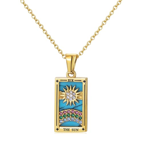 Gold Tarot Card Necklace for Women Men, Non Tarnish 18K Gold Plated Vintage Lucky Charm Square Pendant Talisman Amulet Necklaces Unisex Jewelry - style: The Sun