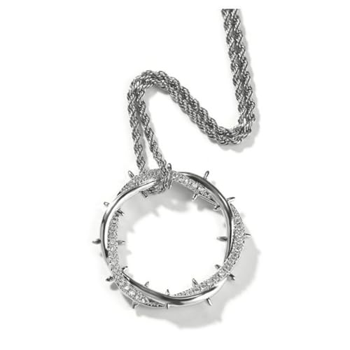 Retro Thorn Crown Pendant Necklace - Premium Brass 5A Zircon, Gold/Silver, Men's Niche Hip Hop Jewelry, W/ 2mm 24-Inch Twist Chain (2mm*24Inch,Silver)