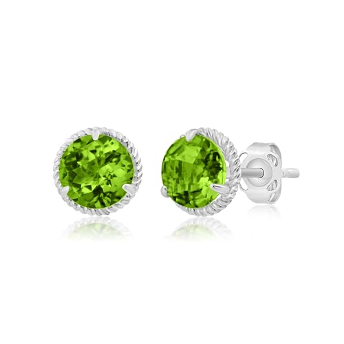 14k White or Yellow Gold Roped Halo Gemstone Round Stud Earrings for Women 6mm Birthstone with Push Backs by MAX + STONE - color: Peridot