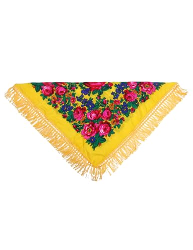 MJ SERECA Acrylic Bandana Printed Hair Scarf Square Ukrainian Head Scarf Floral Babushka Neck Scarf for Women 30"/42"/60" - color: Yellow With Tassel
