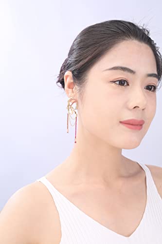 Unique Abstract Face Art | Dangle Statement Long Earrings for Women | Rhinestone Tassel Handmade Chandelier Earrings - color: Golden Red Diamond