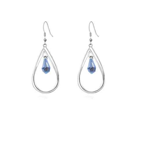 Rhodium Plate 925 Sterling Silver Hook Twist Leaf Holiday Hypoallergenic Dangle Earrings for Women Gifts Engagement Wedding with Austrian Daiamond Cut Waterdrop Crystal Hight Polished Long :1.9 IN - color: ice blue (waterdrop style)