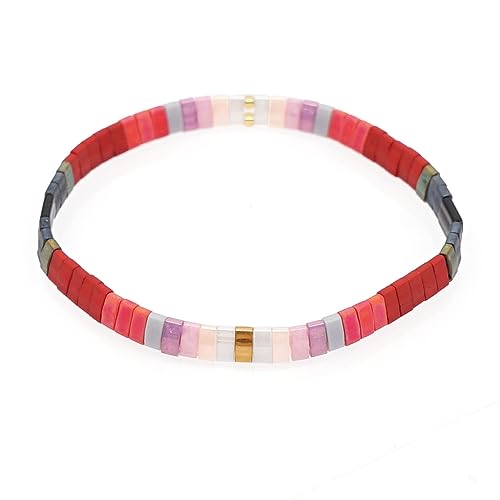 Sonateomber Tila Flat Beaded Stretch Bracelets for Women, Trendy Unique Colorful Square Beads Handmade Stack Bracelet Friendship Accessories Fashion Jewelry Gift - color: Grey Red