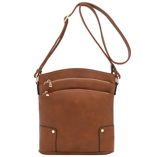 ALYSSA Triple Zip Pocket Large Crossbody Bag - color: Brown