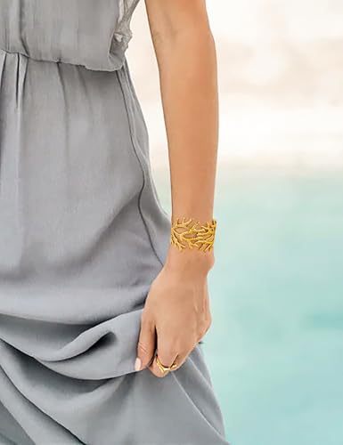 Gold Chunky Cuff Bracelet for Women Coral Ginkgo Leaf Statement Vintage Bracelets Trendy Gold Statement Jewelry - color: coral bracelet