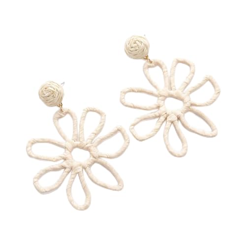 Woven Raffia Rattan Earrings for Women, Boho Flower Hoop & Drop Dangle Earrings Collection, Handmade Summer Beach Vacation Statement Earrings for Party Daily Wear - color: Raffia Flower Stud