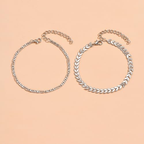 Silver Layered Anklet for Women, Double Chain Beach Anklet Set, Boho Leaf and Flat Link Anklets, Adjustable Summer Foot Jewelry Gift