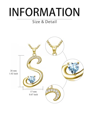 Birthday Gifts for Women 18k Gold Initial Necklaces for Women Simple Alphabets Letters with Birthstone Pendants Name Jewelry Anniversary Wedding Gifts for Sister Daughter Her (with Gift Box) - color: 03-Mar-Aquamarine, style: Letter S