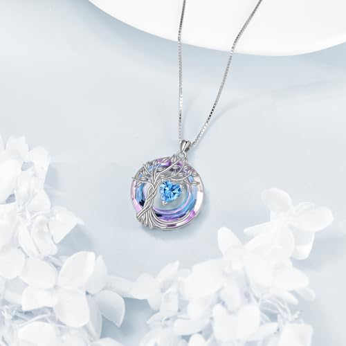 POPLYKE Mothers Day Gifts for Mom Her Wife Tree of Life Necklace 925 Sterling Silver Birthstone Pendant with Crystal Anniversary Birthday Wedding Jewelry for Women - color: 12-Dec-Blue Topaz, style: White Gold Plated-Amethyst Crystal