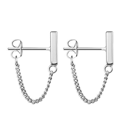 Chain Earrings for Women Small Sterling Silver Post Bar Drop Dangle Earrings Minimalist Stud Earring Hypoallergenic Dangly Jewelry Gift - color: small chain stud/silver