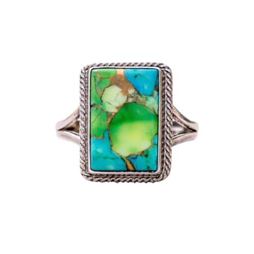 Multi Turquoise Gemstone Rectangle Ring for Women, 925 Sterling Silver Handmade Statement Rings, Boho Vintage Jewelry
