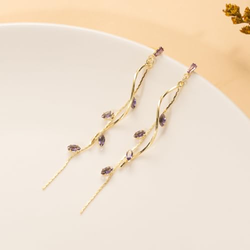 Temperament Long Zircon Tassel Earrings for Women Charm Jewelry Sparkling Crystal Leaves Twist Dangle Earrings for Friends - color: Gold-Purple Leaves