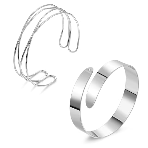 2Pcs Arm Cuff Gold Upper Arm Cuff for Women Adjustable Upper Arm Bracelets Open Irregular Arm Bangle Minimalist Coil Swirl Armlets Armband Jewelry - style: styleD silver