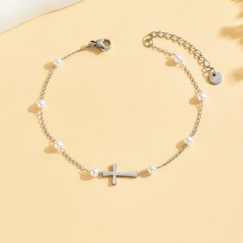 Cross Anklets for Women, 18K Gold Plated Dainty Ankle Bracelets with Colorful Beads Pearl Anklet, Adjustable Religious Christian Satellite Cross Chain, Waterproof Boho Summer Beach Jewelry - style: Pearl Cross Anklet-White Gold