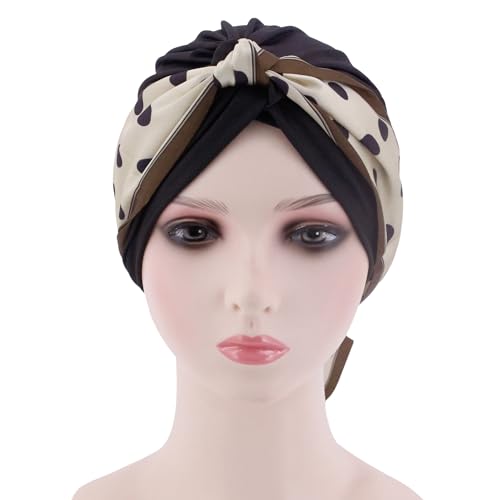 Erinaco Women Sparkle Sequin African Turban Bow Knot Pre-Tied Cap Pleated Ruffle Bonnet Beanie Hat Headwrap Skull Caps - color: Black Polka Dots