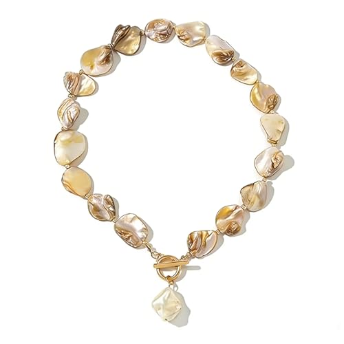 Chunky Shell Choker Necklace for Women,Natural Irregular Pearl Beaded Beach Necklaces,OT Buckle Pearl Pendant Choker,Bohemian Beach Necklace,Summer Beach Vacation Jewelry Gift for Women - color: Amber