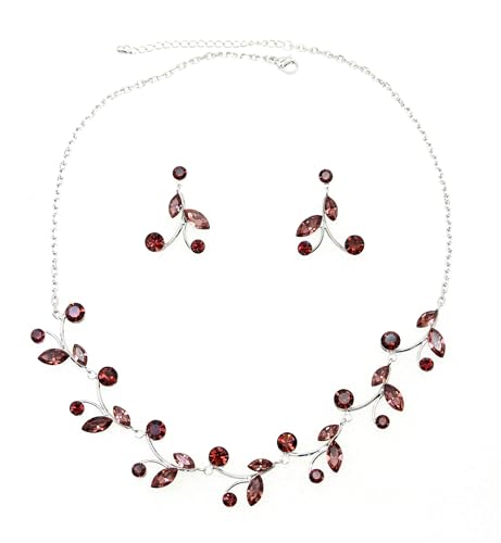 Faship Gorgeous Rhinestone Crystal Floral Necklace Earrings Set - color: Burgundy