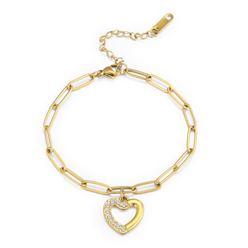 Emibele Heart Charm Bracelet for Women, Bible Verse Bracelet Stainless Steel 18K Gold Plated Bracelet Love Pendant Link Chain OT Clasp, Birthday Christmas Jewelry Gift for Mother Her - color: Gold Heart Pendant