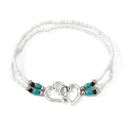Ankle Bracelets for Women Waterproof Elastic Heart Anklet Stretchy Ankle Bracelets Colorful Beaded Anklets Boho Ankle Bracelets Silver Beach Anklet Jewelry Accessories for Summer - color: Silver White Anklets