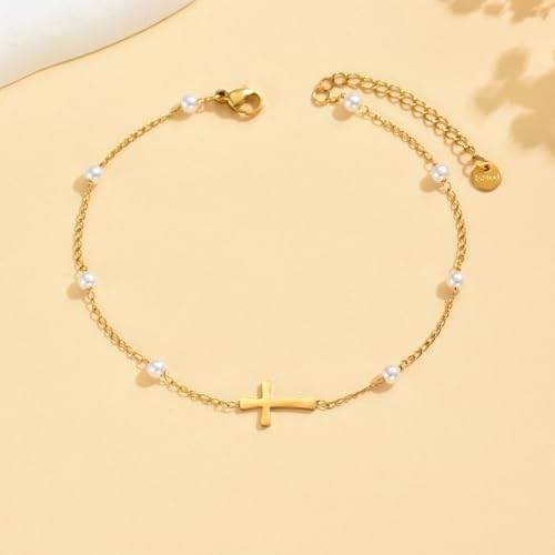 Cross Anklets for Women, 18K Gold Plated Dainty Ankle Bracelets with Colorful Beads Pearl Anklet, Adjustable Religious Christian Satellite Cross Chain, Waterproof Boho Summer Beach Jewelry - style: Pearl Cross Anklet-Gold