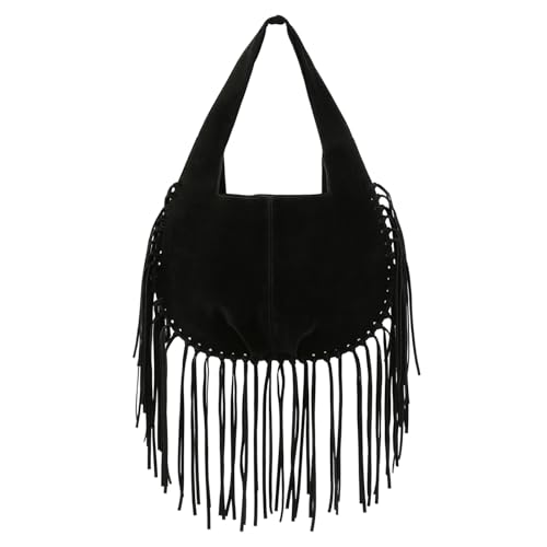 HDE Women's Faux Suede Leather Bag Fringe Tassel Shoulder Purse Western Handbag - color: Black