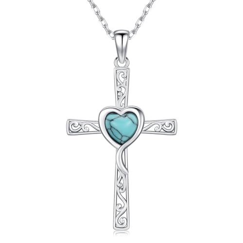 Cross Necklace 925 Sterling Silver Turquoise Christian Pendant Religious Cross Jewelry Christmas Gifts for Women Men - style: Heart