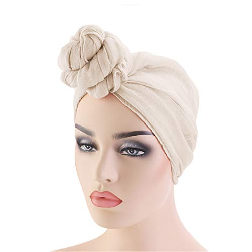 Qianmome Womens Big Flower Turban Beanie Elegant Cap Head Wrap Stretch Long Hair Scarf Headscarf - color: Beige