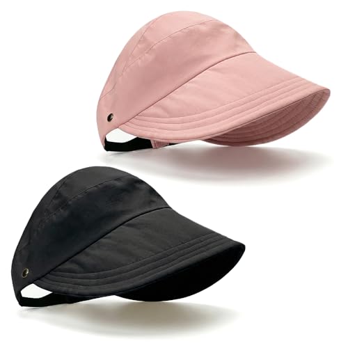 2 Pcs Women's Trendy Breathable Sun Hat, 2026 New Wide Brim UV Protection Hollow Top Sun Hat Summer Beach Packable Visor - color: Black + Pink