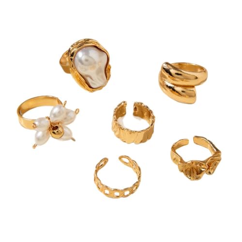 Chunky Gold Irregular Rings Stack Set for Women Statement Baroque Pearl Flower Stackable Knuckle Finger Ring Non Tarnish Boho Hammered Jewelry Gifts - color: Gold Flower