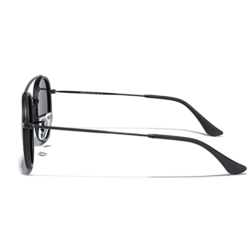 MERRY'S Retro Round Polarized Sunglasses - Unisex Double Bridge Sun Glasses - color: Matte Black Frame/Matte Black Bridge/Silver Mirror Lens
