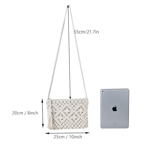 Eiyye Handmade Crochet Purse Boho Cotton Rope Crossbody Shoulder Bag with Tassel Casual Bag for Women - color: Off-white