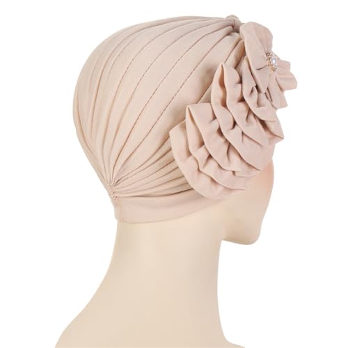 Flower Turban Hats for Women - Ruffle Bead Stretch Solid Caps Chemo Cancer Pre Tied Headscarf Headwear - color: Beige