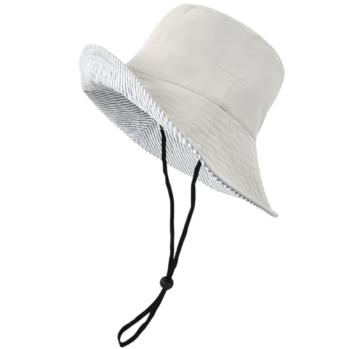 Women's Summer Sun Hat - Reversible Design with Striped Lining Adjustable Brim for Travel and Outings Cap - color: Stripes-gray
