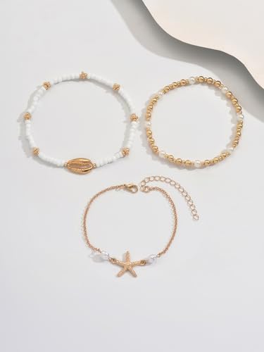 INENIMARTJ Shell Anklet Bracelet for Women Gold and White Beaded Elastic Stack Ankle Bracelet Hawaiian Beach Seashell Starfish Anklet Puka Shell Starfish Foot Jewelry for Women Beach Accessories - style: style B