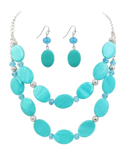 2 Layered Chunky Beaded Shell Necklace for Women Sea Shell blue/yellow/red/green/turquoise/teal/white Statement Necklace and Earring Set Elegant Women Necklace Set Jewelry Sets for Women - color: Aqua blue
