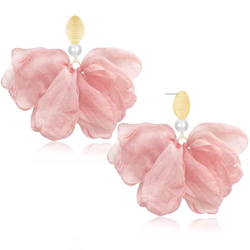 Handmade Fabric Flower Petal Fringe Dangle Drop Earrings Bohemian Floral Tassel Stud Earrings For Women - color: Meat Pink