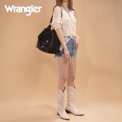 Wrangler Large Hobo Purses and Handbags for Women with Buckle and Fringe Zipper Faux Suede Shoulder Bag - color: Black