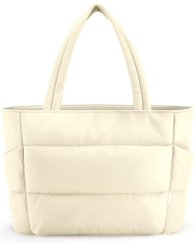 HOTOR Puffer Tote Bag for Women, Nurses - Multi-Pocket Lightweight Bag for Work - Quilted Handbag for Travel and Gym - color: Beige, size: 18.1" × 6.3" × 11.8"