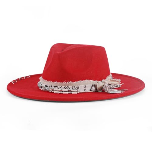 Womens Boho Fedora Hat Wide Brim Fedora Mens Handmade Flat Brim Hats - color: Red
