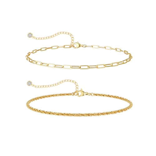 Ankle Bracelets for Women, 14K Gold Anklets for Women Waterproof Cuban Link Chain Layered Anklet Set Gold Ankle Bracelets for Women Summer Beach Foot Jewelry Gifts - color: 2 Gold Clip Chain