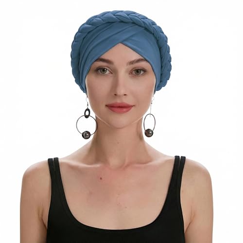 ZLYC Chemo Headwear for Women Pre Tied Turban Headwear Lightweight Beanie Hat - color: Braid Haze Blue
