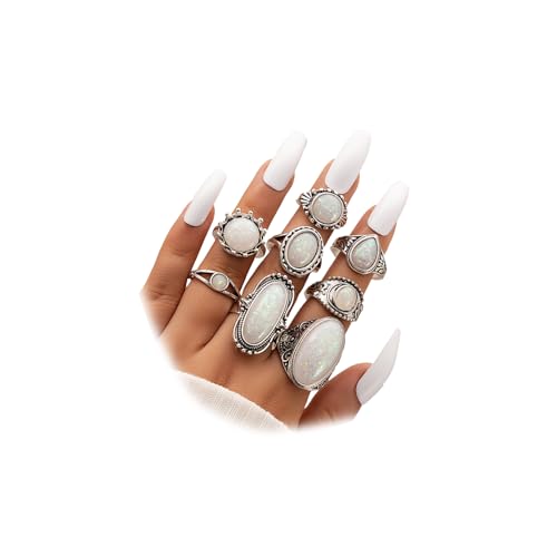 GIGB PBDK Silver Stackable Opal Knuckle Ring Set for Women Lady Boho Vintage Oval Gemstone Ring Geometric Joint Finger Stacking Nail Ring Jewelry