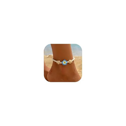 Long tiantian Gold Anklet Bracelet for Women Flower Anklet Summer Beach Vacation Jewelry Gift Boho Chic Foot Chain - color: blue