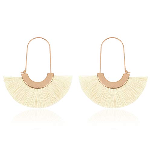 Bohemian Silky Thread Tassel Strand Fringe Statement Hoop Earrings - Lightweight Semi Circle Fan Threader, Mermaid Hoops - color: Fan Tassel Threader - Ivory