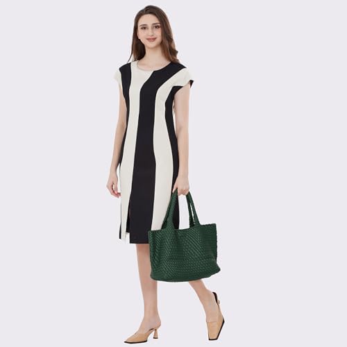 Woven Tote Bag Womens Purse Vegan Leather Shoulder Handbags Fashion Summer Beach Tote Bags Large Travel Totes - color: Blackish Green