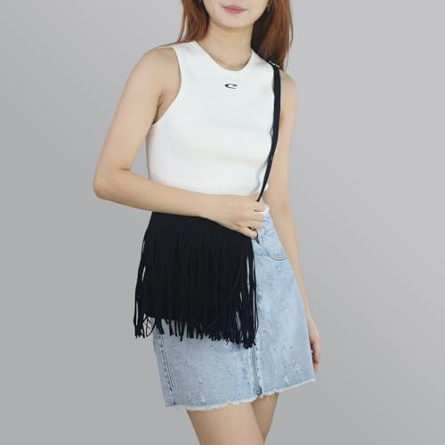 Western Fringe Crossbody Bag for Women Boho Adjustable Shoulder Purse, Vintage Suede Small Handbag for Music Festival & Party - color: Black