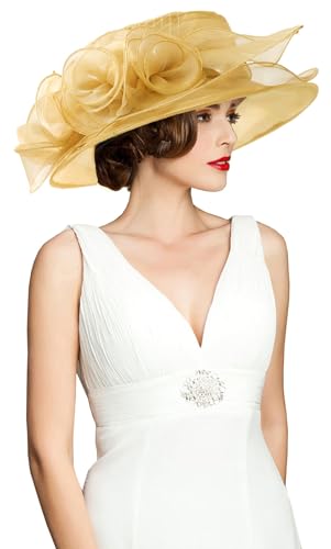 Women's Kentucky Derby Church Dress Hat Wide Brim Leaf Flower Bridal Shower Hat - color: A1 Gold